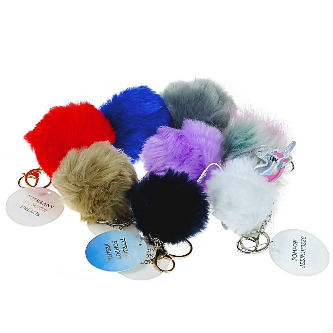 Pompon 8 cm, brelok z kółkiem i karabińczykiem MIX wzorów