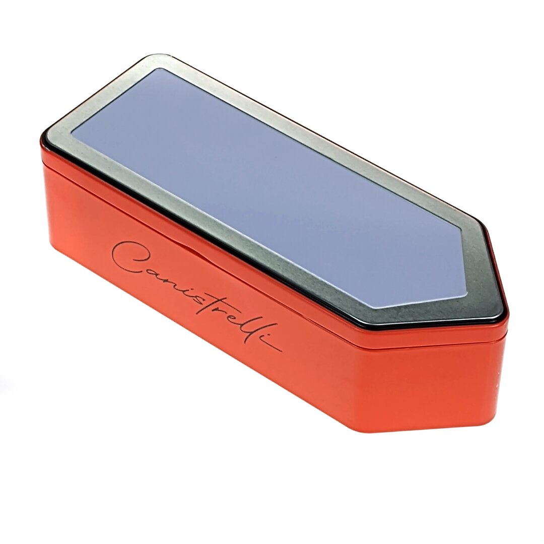 Pudełko metalowe z pokrywką w kształcie strzałki, pomarańczowe