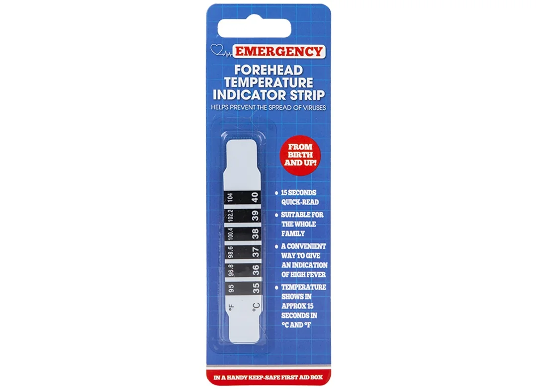 Temperature measuring strip, packaged in a blister pack