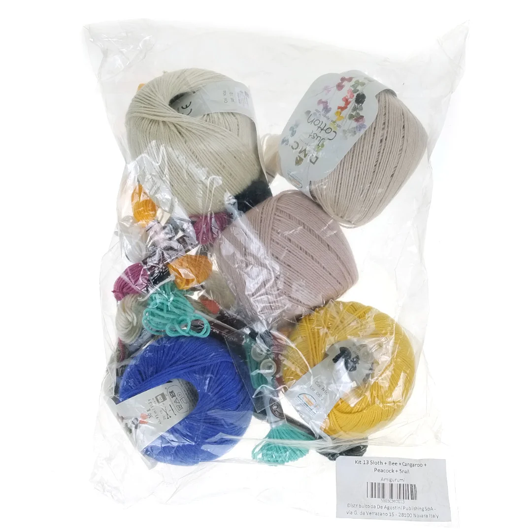 Zestaw do Amigurumi - włóczki DMC 13 Leniwiec + Pszczoła + Kangur + Paw + Ślimak