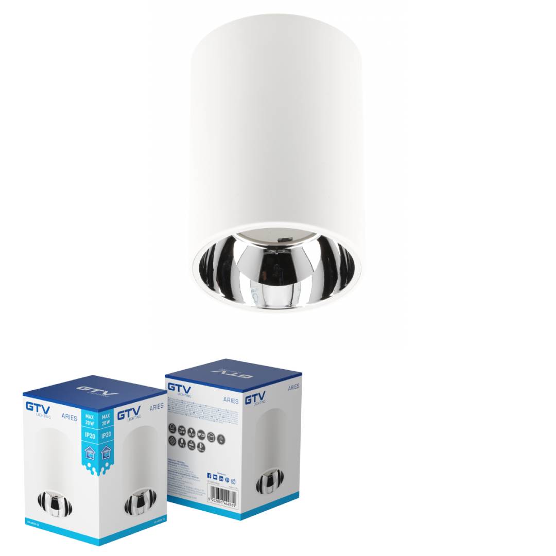 ARIES ceiling luminaire housing, PC, 73 x 105 mm, IP20, max 20 W, round, white-chrome