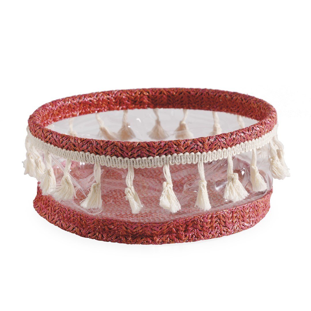 Straw basket with pompoms round d: 20 cm, h: 9 cm