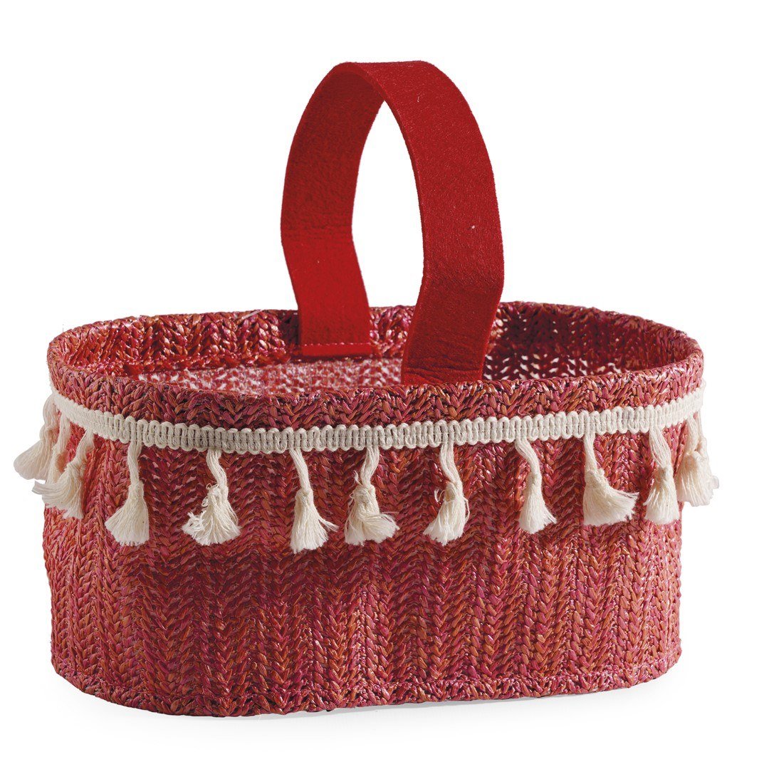 Oval straw basket with pompoms and handle 25x14 cm, h: 12 cm